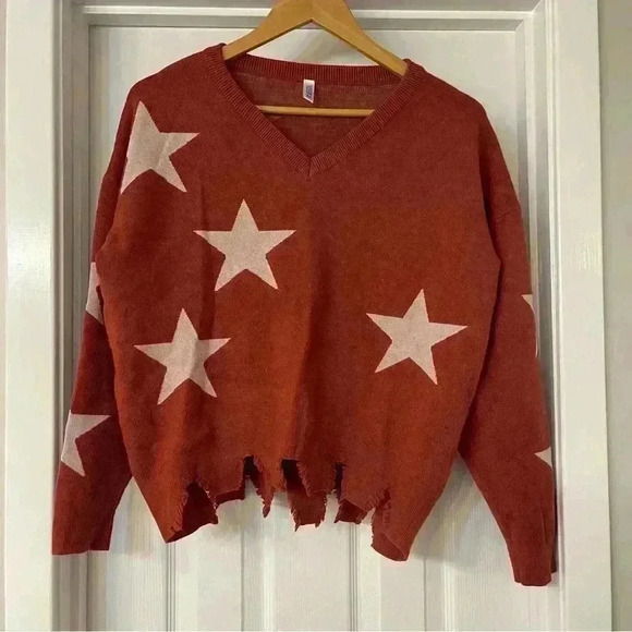 Stylish Star Pattern V-Neck Sweater - Soft, Warm, Distressed- Viishow- M - Picture 2 of 9